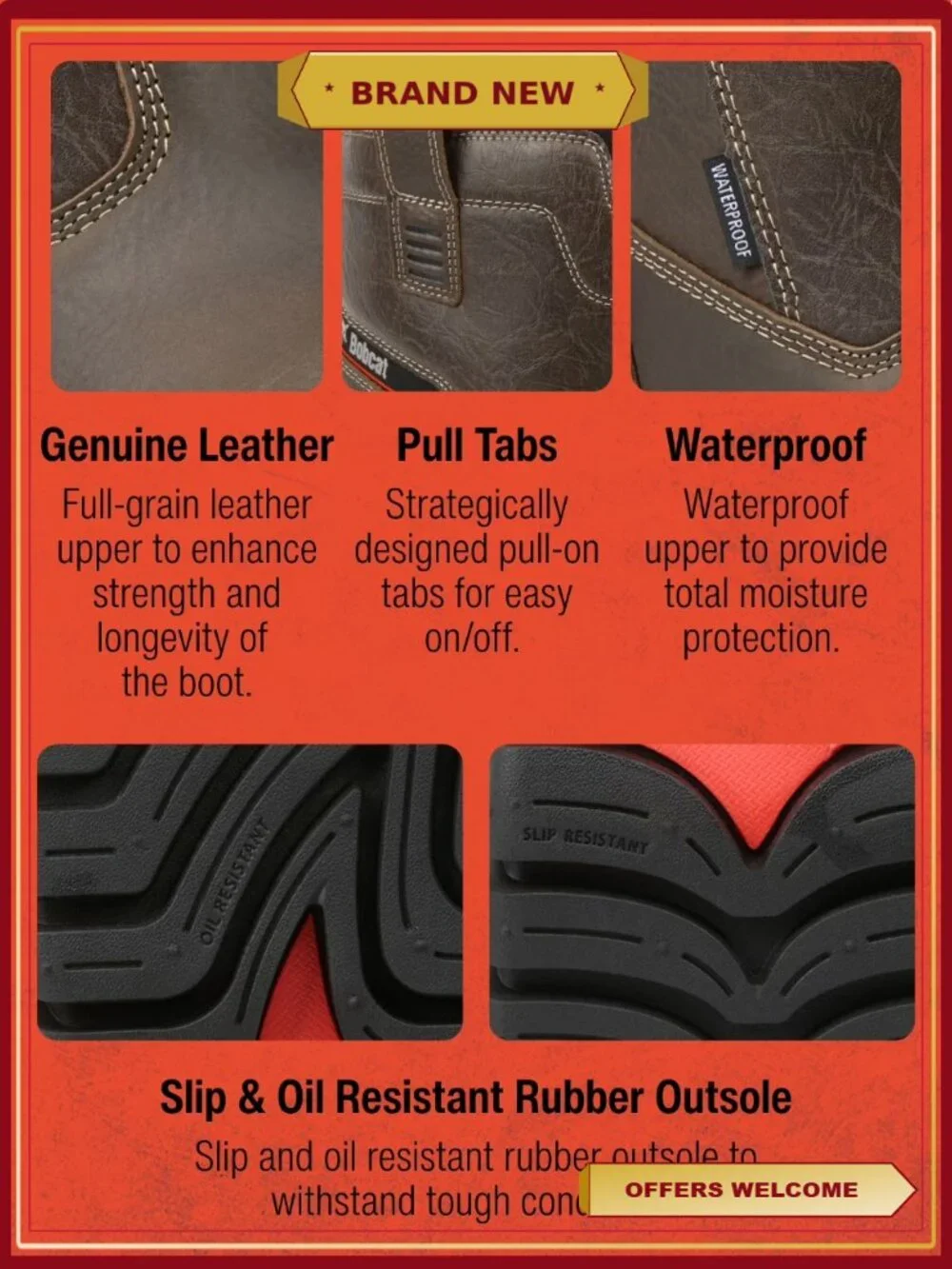 Waterproof Pull-On Composite Toe Work Boots Men's Size 10.5 Slip Resistant